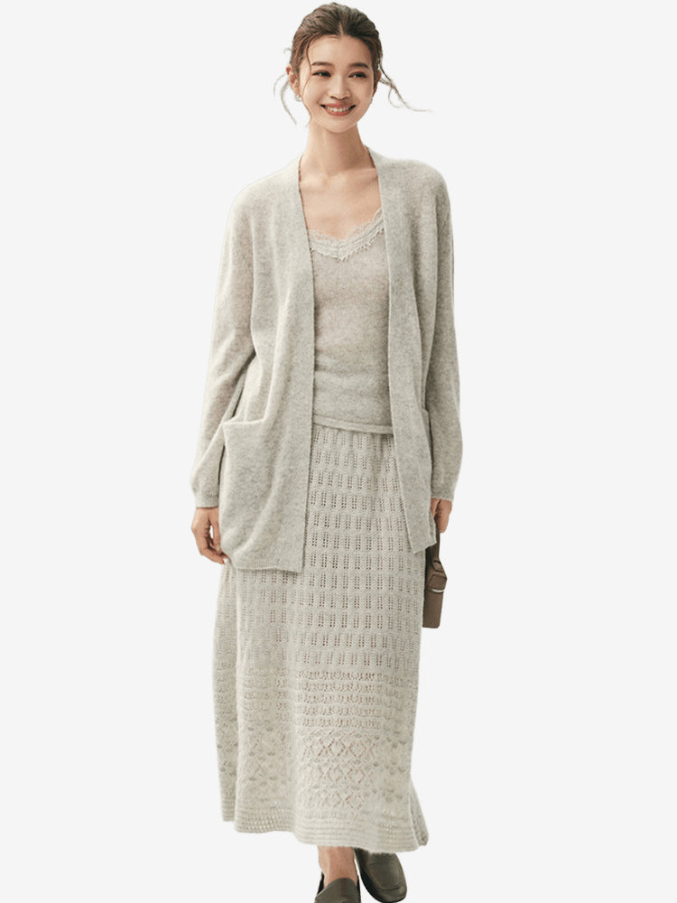 LANLY - Wholesale Open Front Cardigan with Pockets Mongolian Mid-Length Cashmere Loose Outerwear