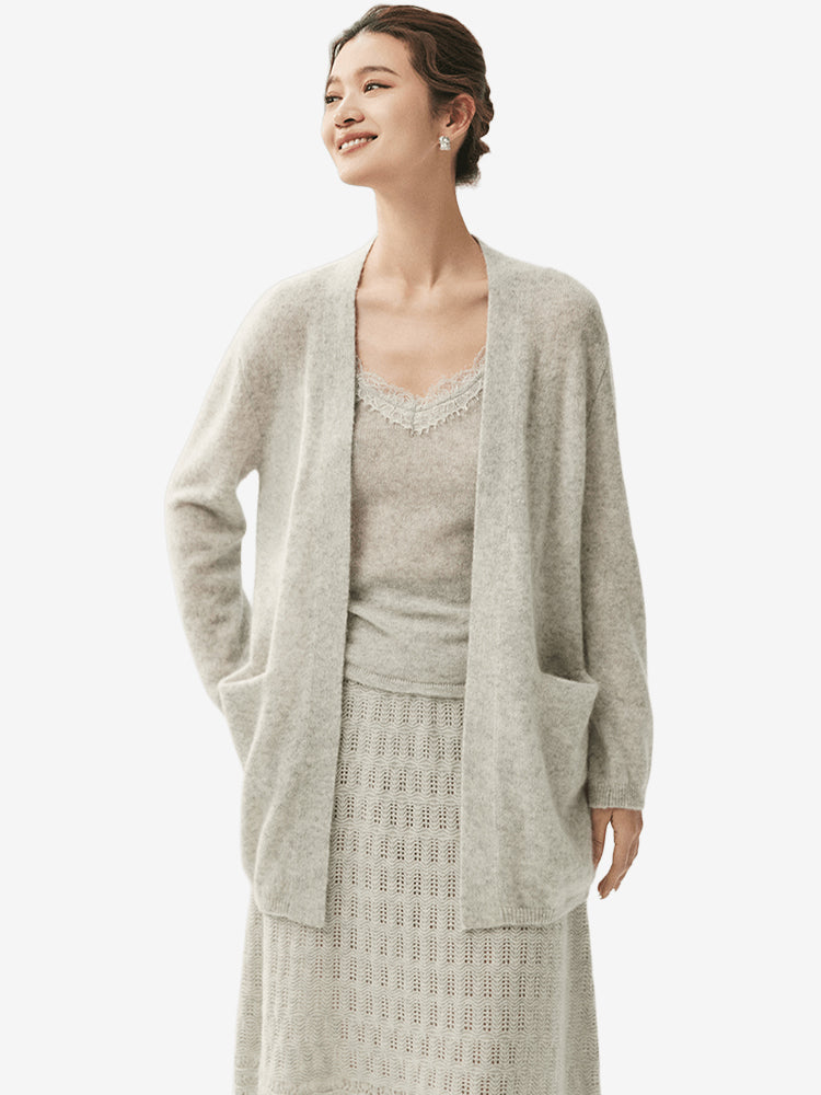 LANLY - Wholesale Open Front Cardigan with Pockets Mongolian Mid-Length Cashmere Loose Outerwear