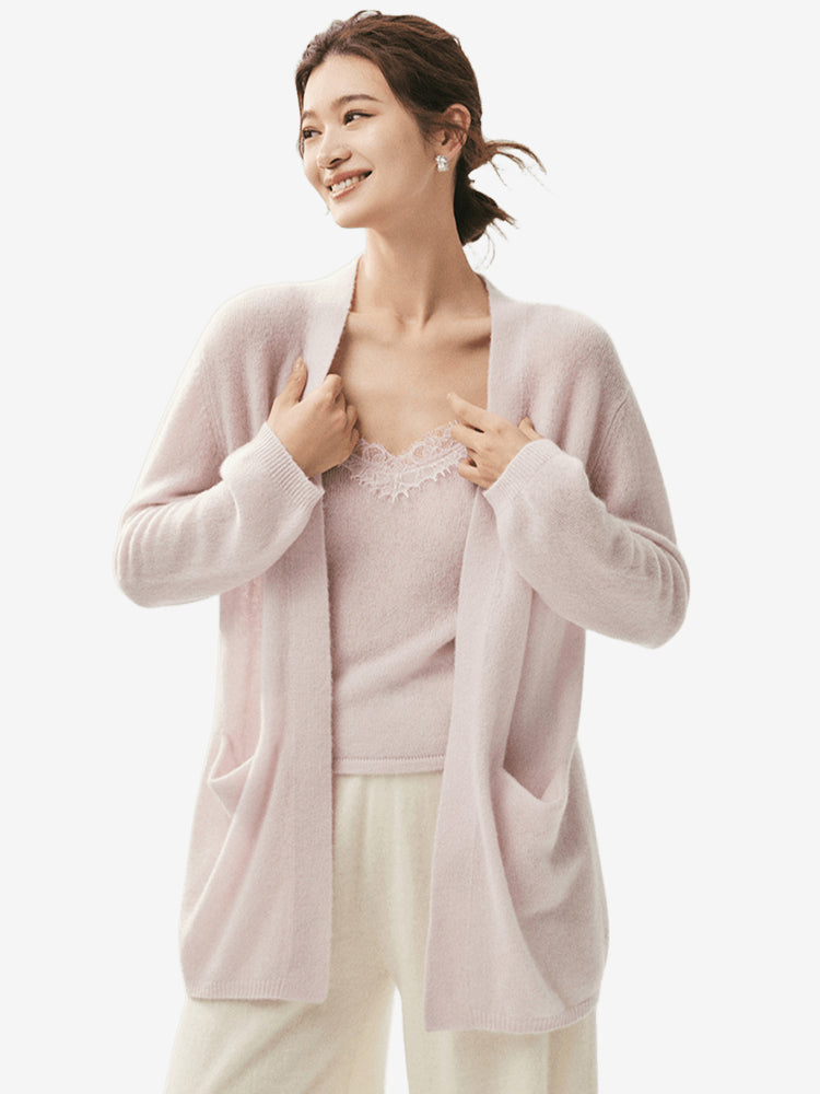 LANLY - Wholesale Open Front Cardigan with Pockets Mongolian Mid-Length Cashmere Loose Outerwear