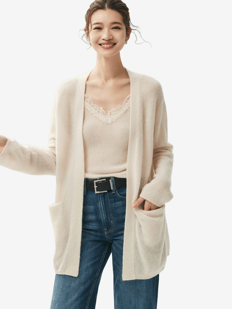 LANLY - Wholesale Open Front Cardigan with Pockets Mongolian Mid-Length Cashmere Loose Outerwear