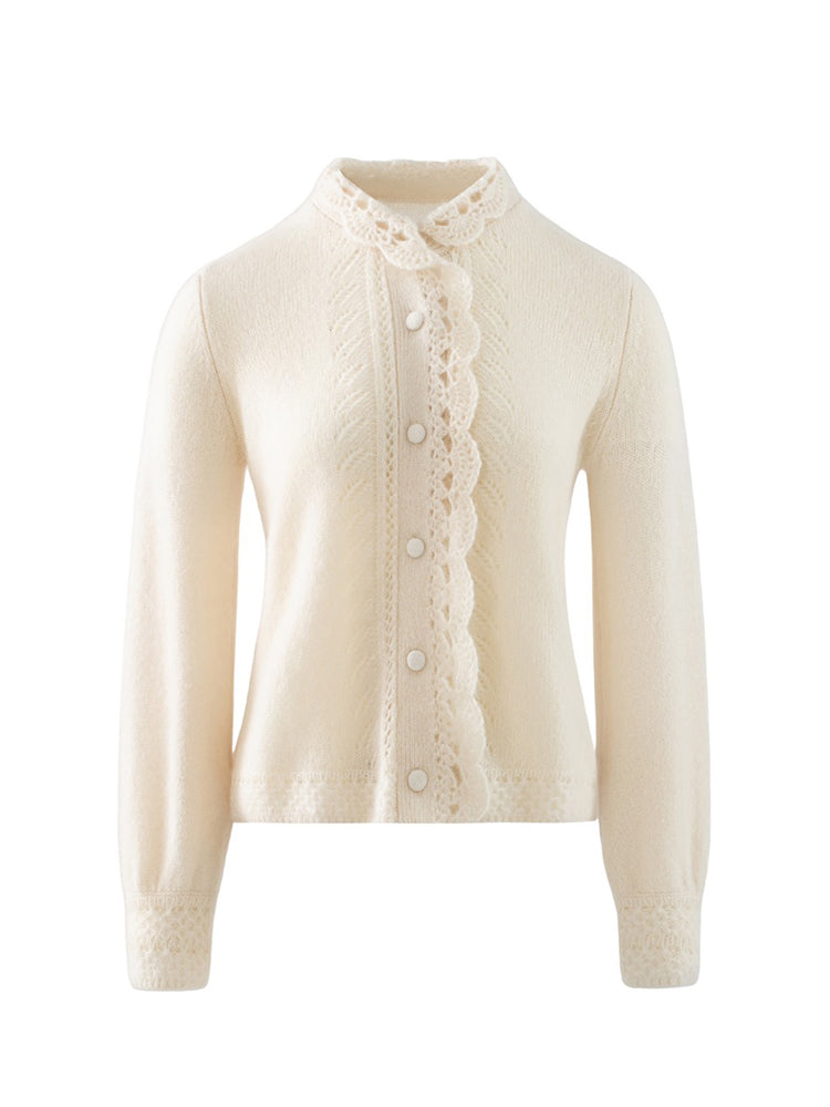 LANLY - Wholesale Pointelle Knit Cashmere Cardigan Mongolian Lace Collar Openwork Button Sweater