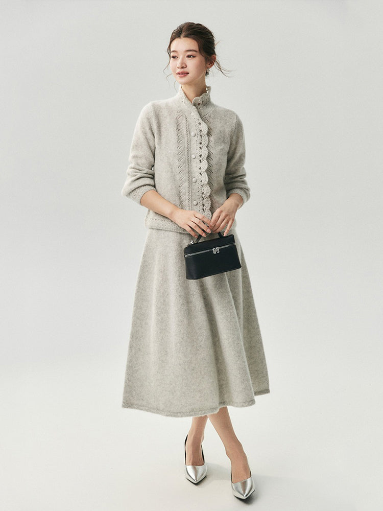 LANLY - Wholesale Pointelle Knit Cashmere Cardigan Mongolian Lace Collar Openwork Button Sweater