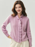 LANLY - Wholesale Pointelle Knit Cashmere Cardigan Mongolian Lace Collar Openwork Button Sweater