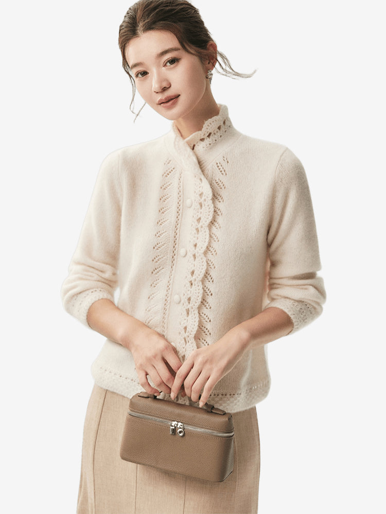LANLY - Wholesale Pointelle Knit Cashmere Cardigan Mongolian Lace Collar Openwork Button Sweater