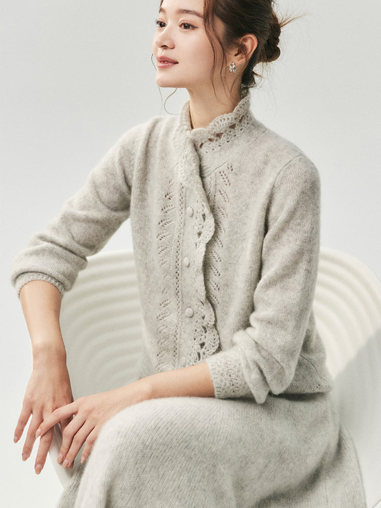 LANLY - Wholesale Pointelle Knit Cashmere Cardigan Mongolian Lace Collar Openwork Button Sweater
