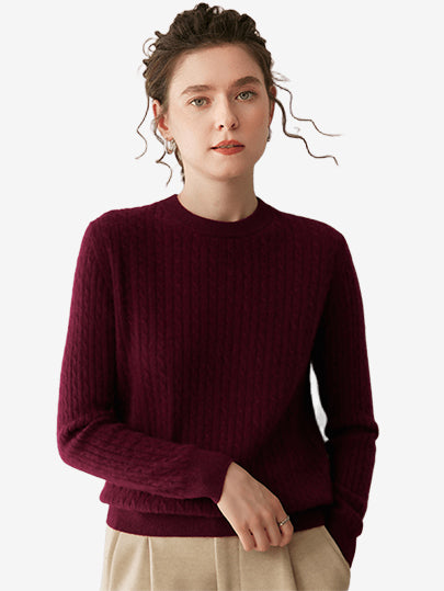 LANLY - Women's Cable Knit Sweater Soft Cashmere Wool Crewneck Top