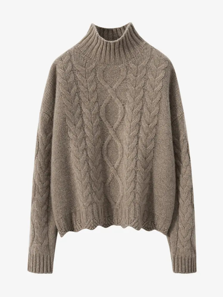 LANLY - Women's Cable Knit Cashmere Sweater Heavyweight Mongolian Mock Neck Pullover