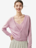 LANLY - Women's Silk Cashmere Cardigan V-Neck Shell Button Cropped Sweater