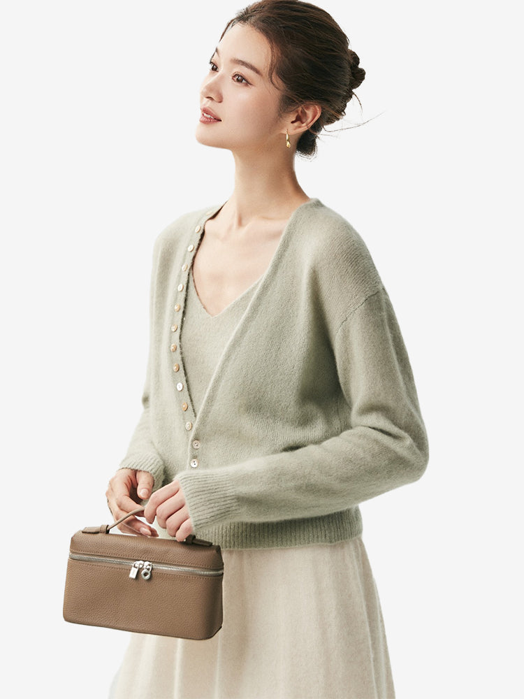 LANLY - Women's Silk Cashmere Cardigan V-Neck Shell Button Cropped Sweater
