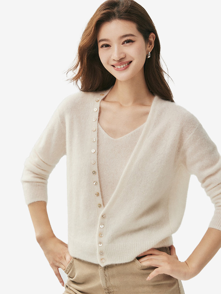 LANLY - Women's Silk Cashmere Cardigan V-Neck Shell Button Cropped Sweater