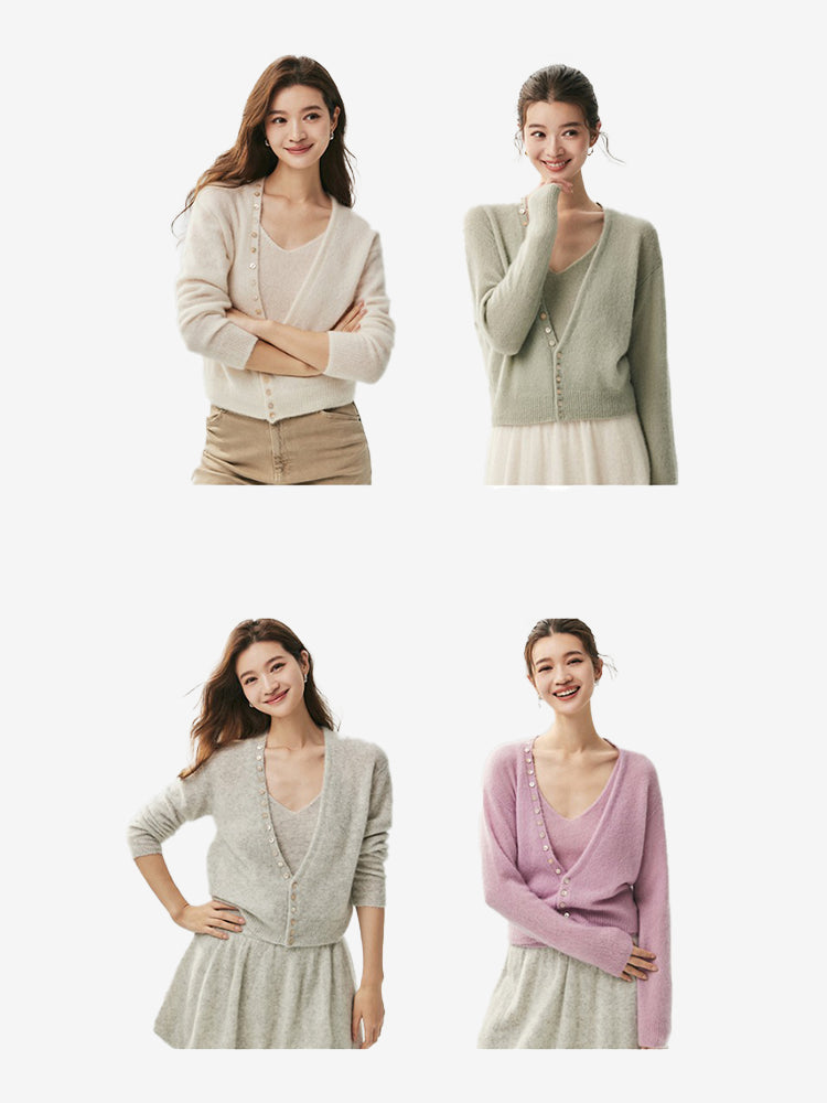 LANLY - Women's Silk Cashmere Cardigan V-Neck Shell Button Cropped Sweater