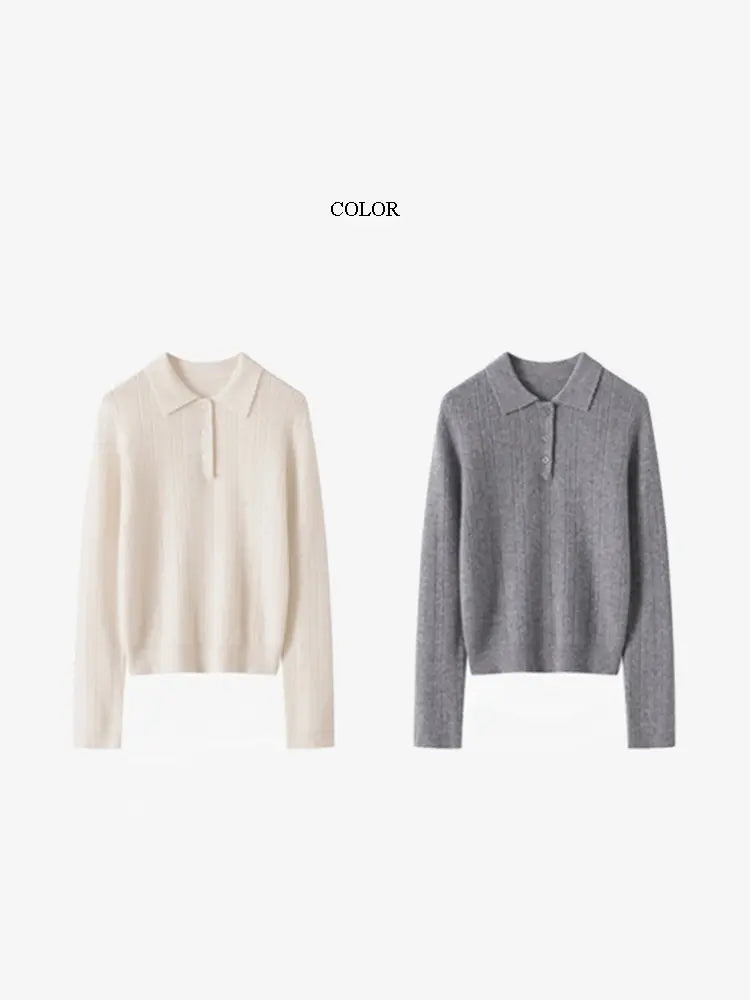 LANLY - Women's Cashmere Polo Sweater Mongolian Pointelle Long Sleeve Top