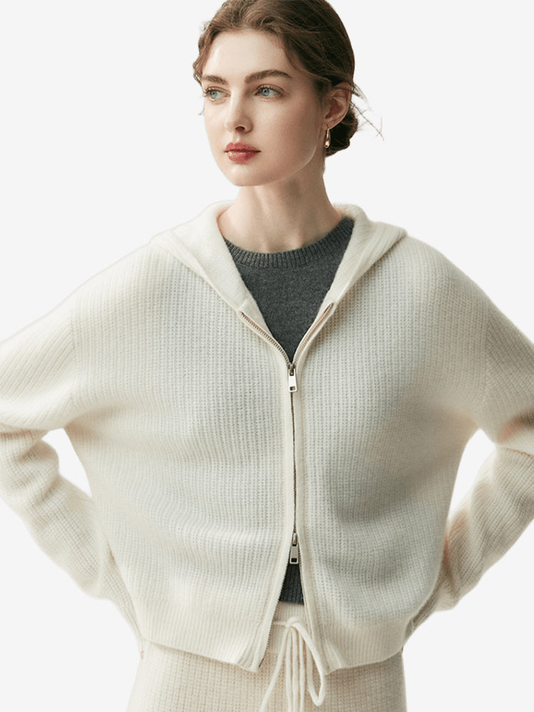 LANLY Women's Cashmere Zip Hoodie Lightweight Warm Two-Way Zipper Waffle Knit Cardigan