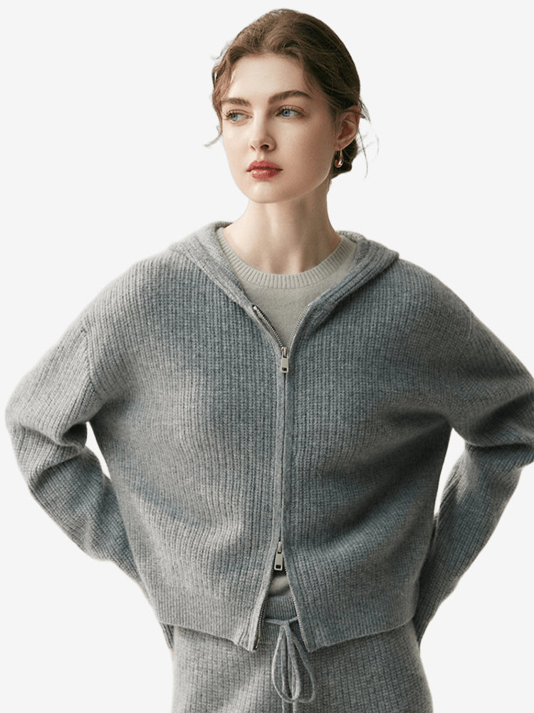 LANLY Women's Cashmere Zip Hoodie Lightweight Warm Two-Way Zipper Waffle Knit Cardigan