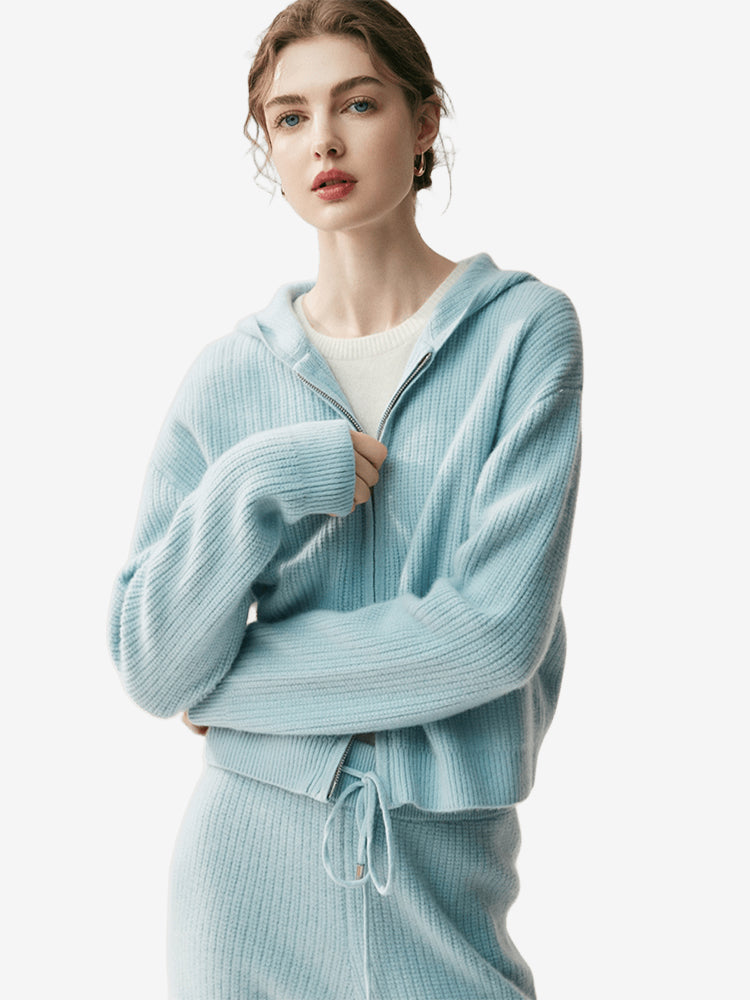 LANLY Women's Cashmere Zip Hoodie Lightweight Warm Two-Way Zipper Waffle Knit Cardigan