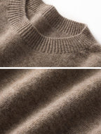 Close-up of crewneck collar and soft knit texture on LANLY short sleeve cashmere sweater.