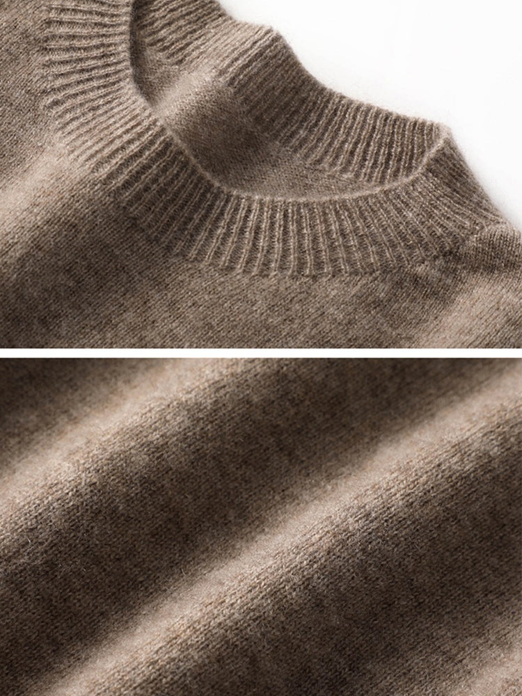 Close-up of crewneck collar and soft knit texture on LANLY short sleeve cashmere sweater.