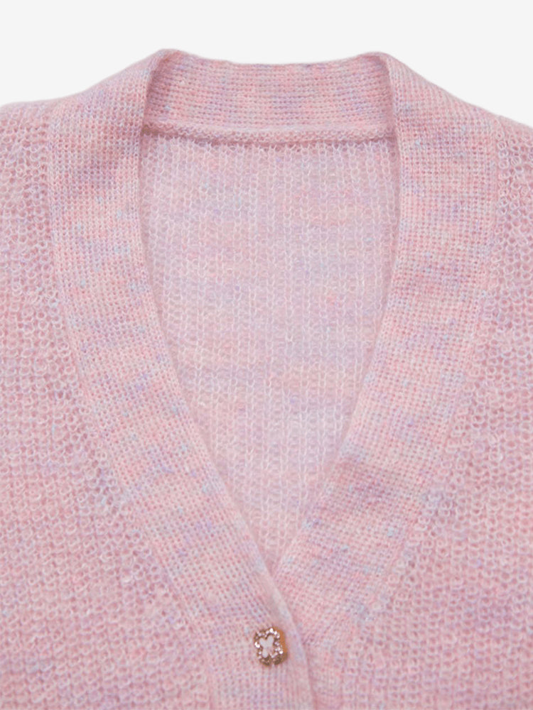 Close-up of front buttons and fluffy texture on Lanly Cashmere mohair short sleeve cardigan.