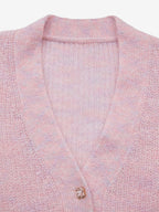Close-up of front buttons and fluffy texture on Lanly Cashmere mohair short sleeve cardigan.