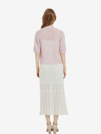 Full outfit styling with Lanly Cashmere pink mohair short sleeve cardigan.