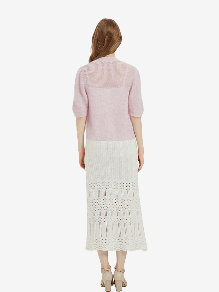 Full outfit styling with Lanly Cashmere pink mohair short sleeve cardigan.