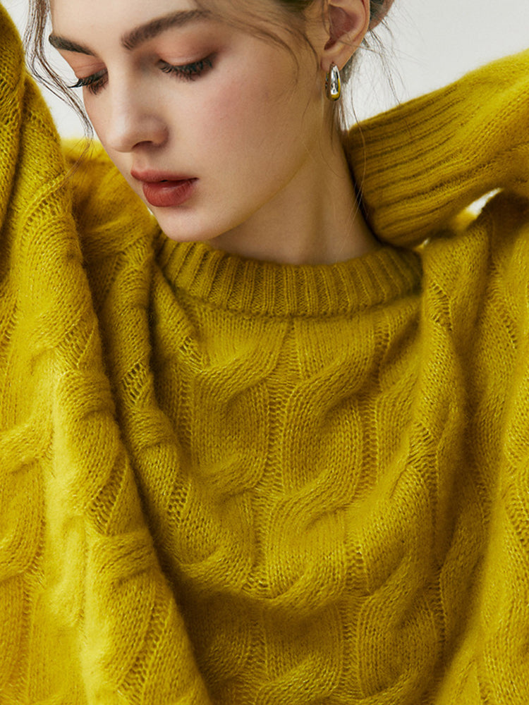 Lanly Cashmere Cable Sweater - Silk Blend Mongolia Crewneck Pullover