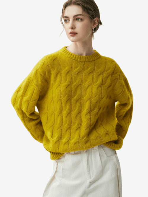Lanly Cashmere Cable Sweater - Silk Blend Mongolia Crewneck Pullover
