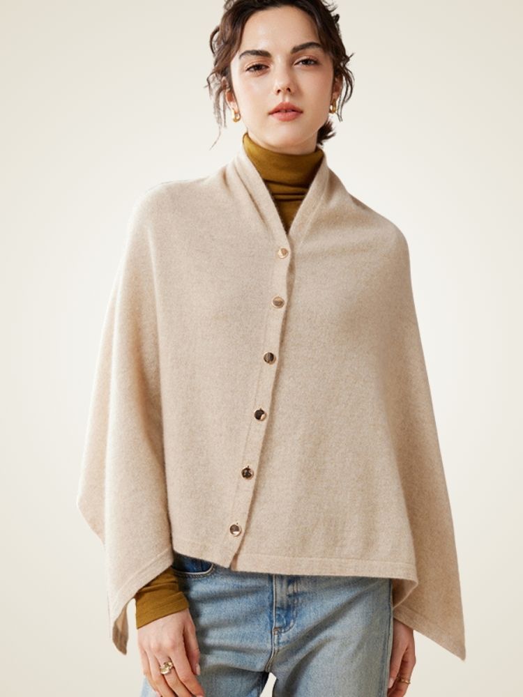 LanlyCashmere Buttoned Cashmere Poncho – Elegant Soft Knit Wrap Cape