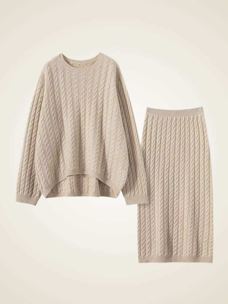 LanlyCashmere Cable-Knit Cashmere Set – Sweater & Midi Skirt Ensemble