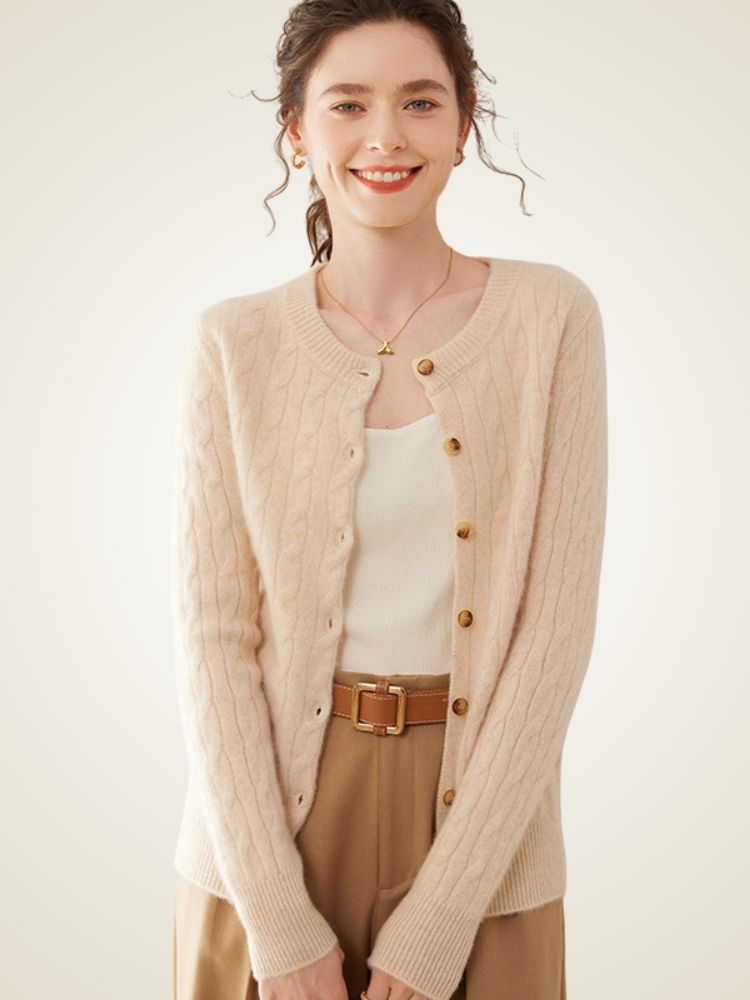 LanlyCashmere Cable Knit Cashmere Cardigan – Soft Crewneck Button Sweater