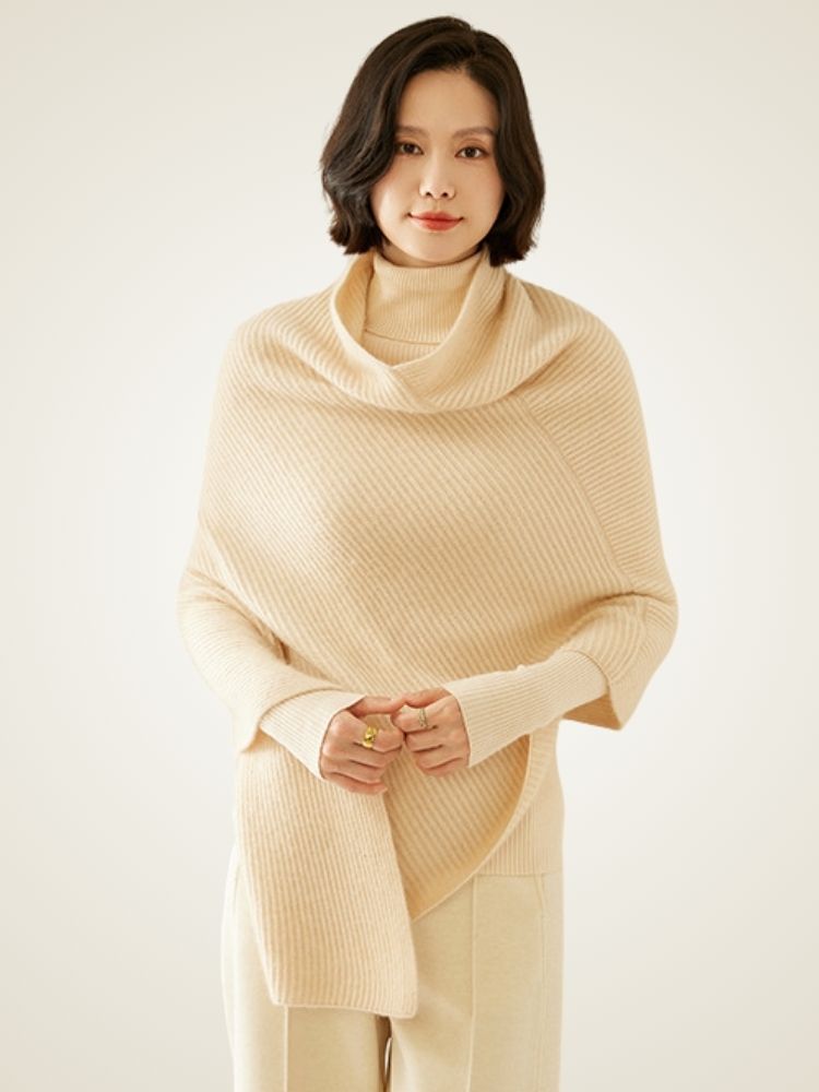 LanlyCashmere Cashmere Poncho for Women – Ribbed Knit Shawl Wrap Cape