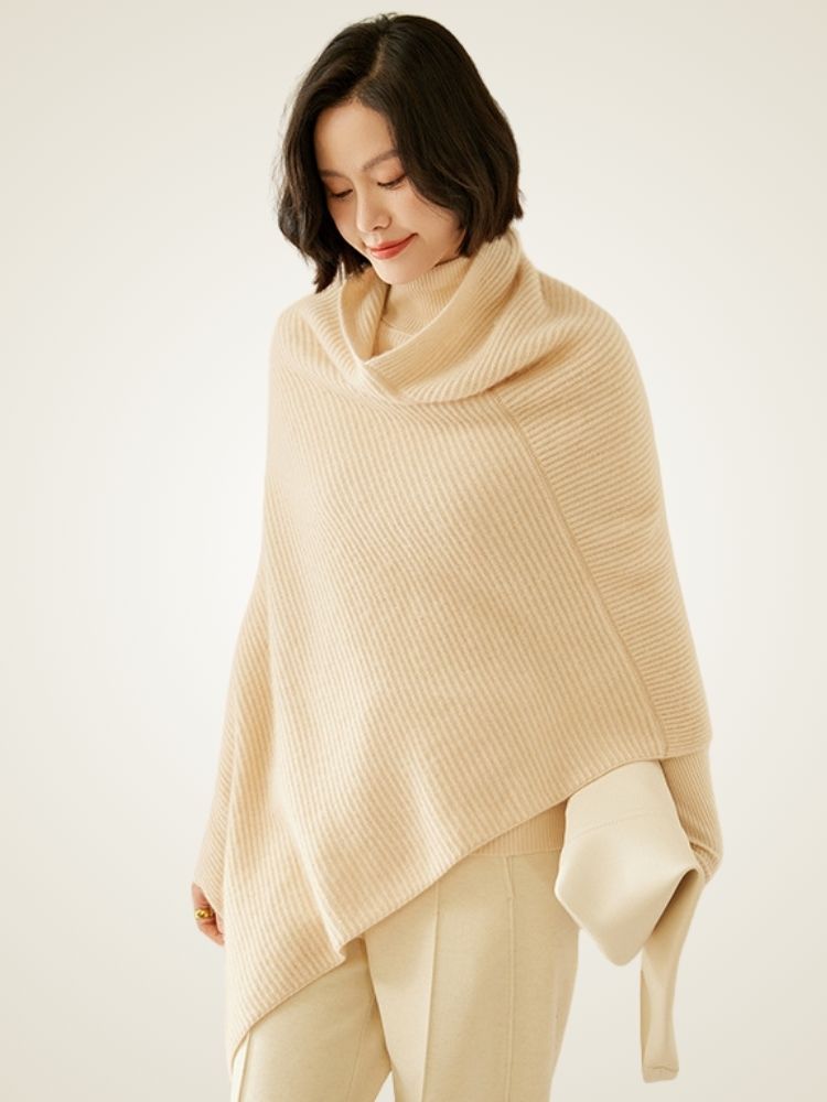 LanlyCashmere Cashmere Poncho for Women – Ribbed Knit Shawl Wrap Cape