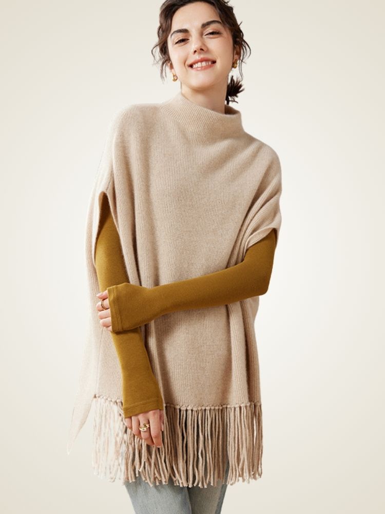 LanlyCashmere Cashmere Poncho with Fringe – Soft Lightweight Shawl Wrap