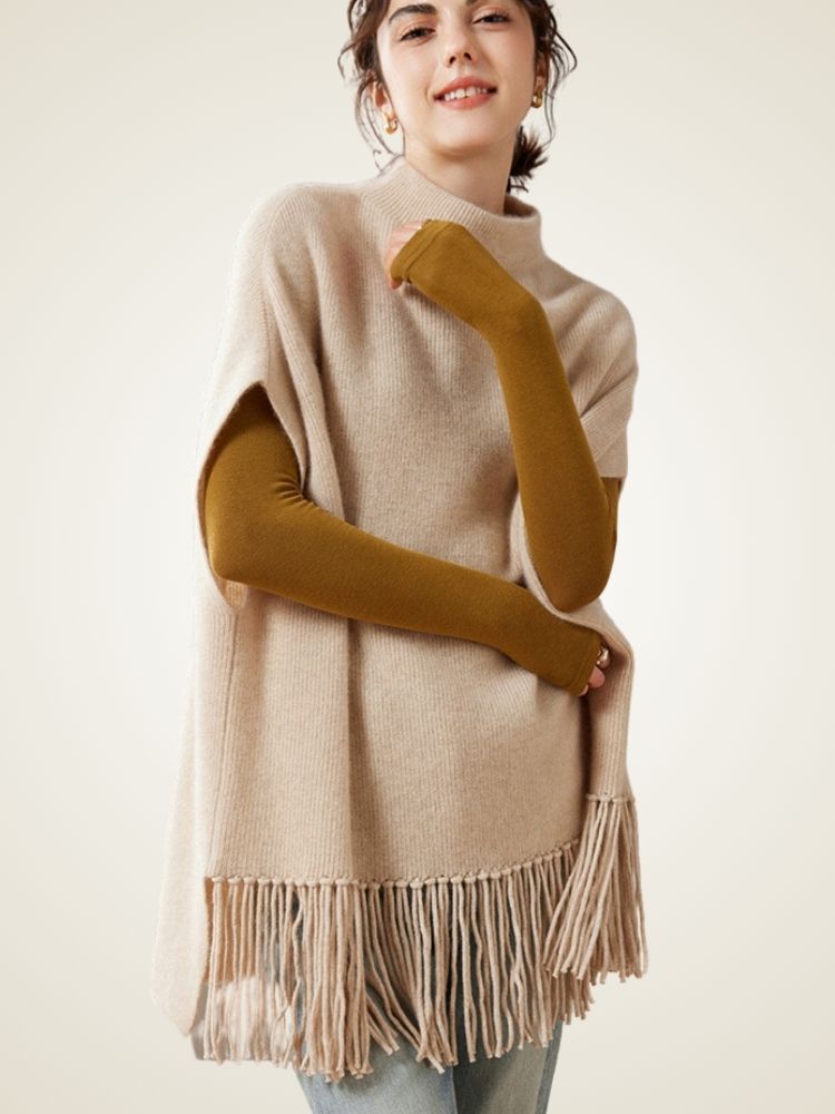 LanlyCashmere Cashmere Poncho with Fringe – Soft Lightweight Shawl Wrap