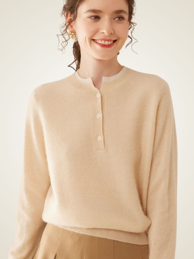 LanlyCashmere Contrast Trim Cashmere Henley Sweater – Soft Minimalist Knit