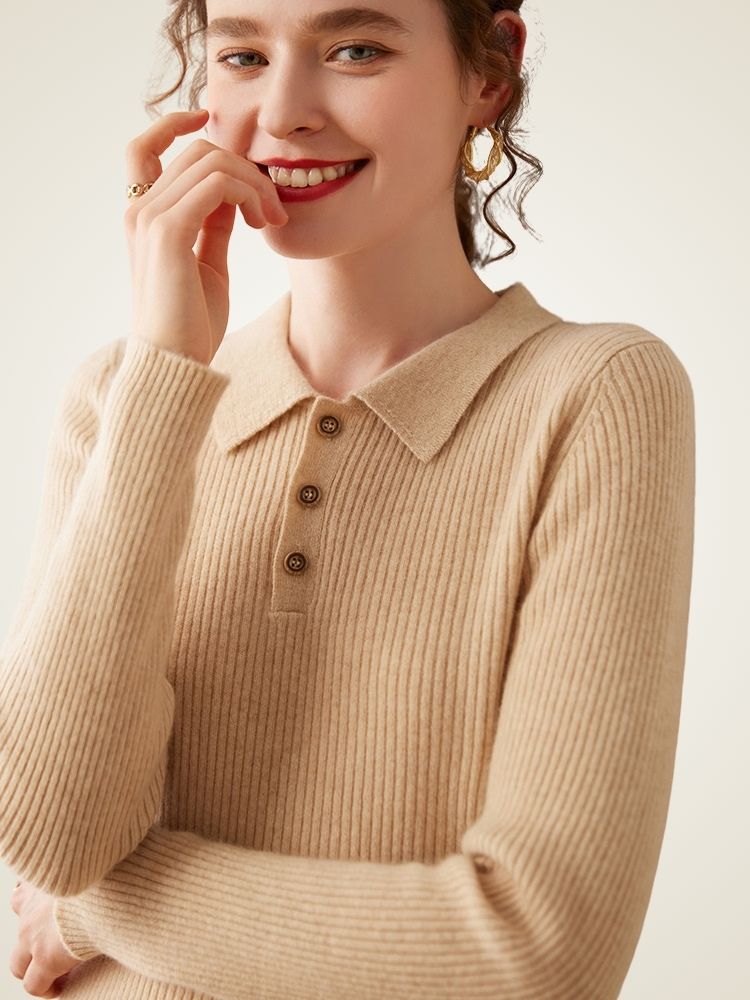 LanlyCashmere Ribbed Cashmere Polo Sweater – Slim Fit Knit Top