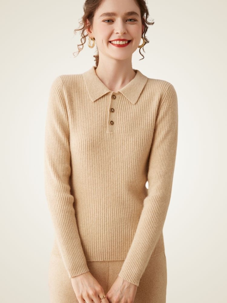 LanlyCashmere Ribbed Cashmere Polo Sweater – Slim Fit Knit Top