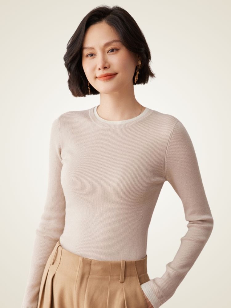 LanlyCashmere Slim Fit Cashmere Sweater – Ribbed Crewneck Lightweight Knit