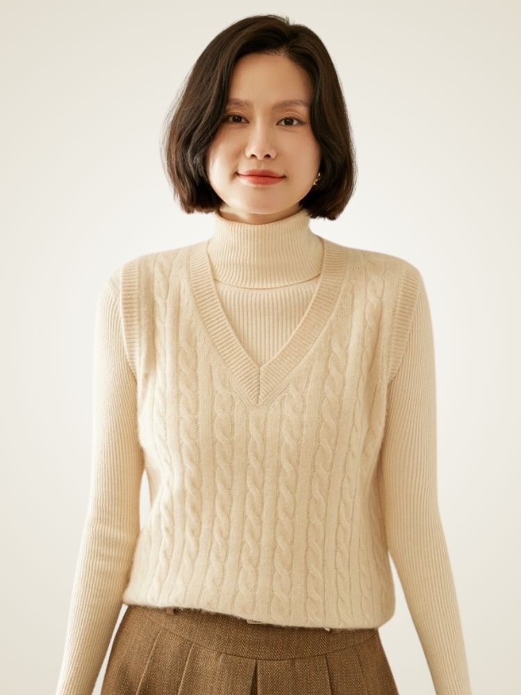 LanlyCashmere Women's Cable Knit Cashmere Vest V Neck