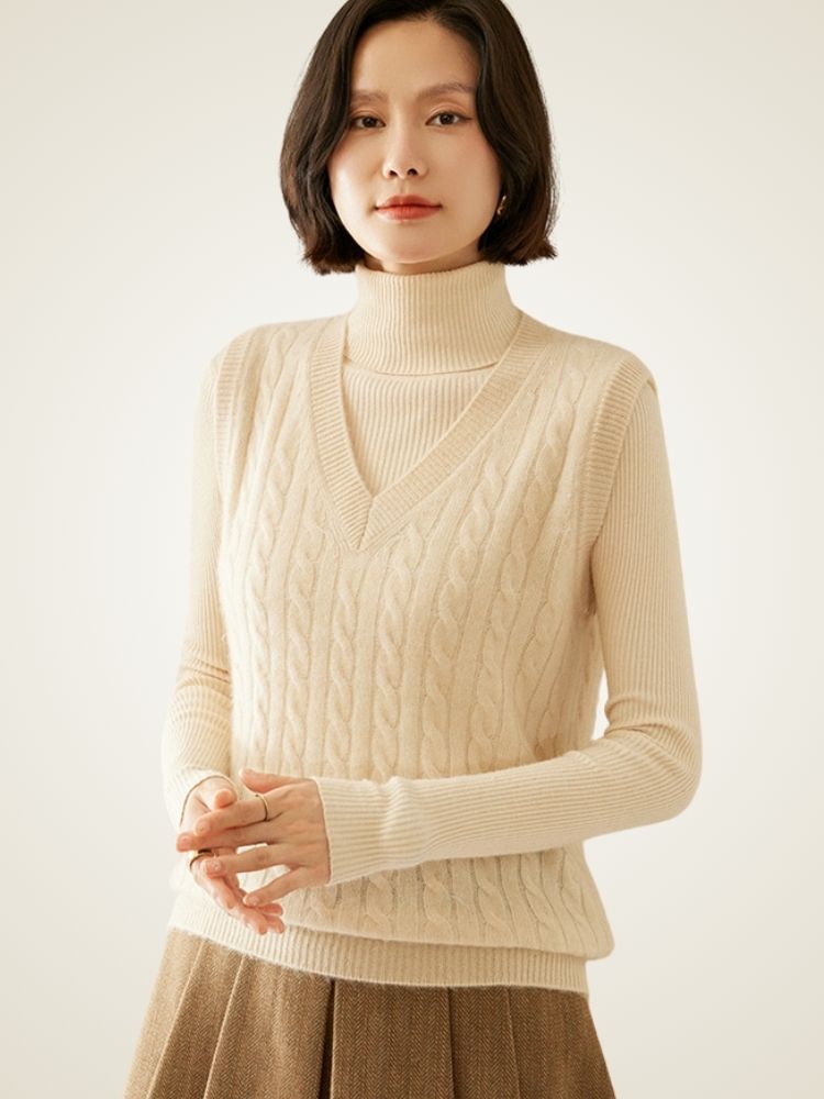 LanlyCashmere Women's Cable Knit Cashmere Vest V Neck