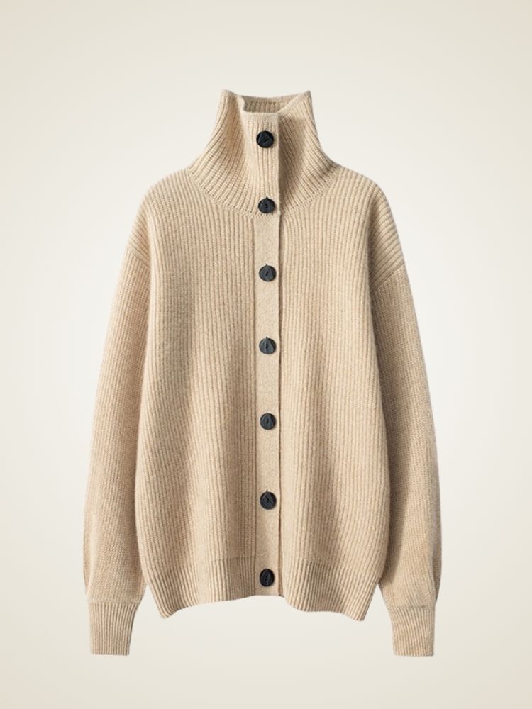 LanlyCashmere Women’s Cashmere Funnel Neck Cardigan – Ribbed Button Sweater