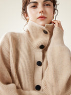 LanlyCashmere Women’s Cashmere Funnel Neck Cardigan – Ribbed Button Sweater