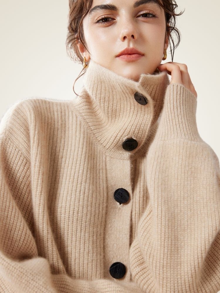 LanlyCashmere Women’s Cashmere Funnel Neck Cardigan – Ribbed Button Sweater