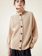 LanlyCashmere Women’s Cashmere Funnel Neck Cardigan – Ribbed Button Sweater