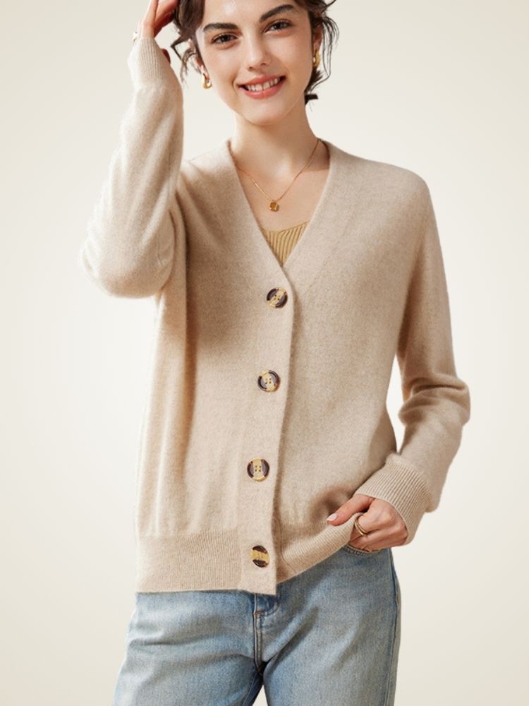 LanlyCashmere Women’s Cashmere V Neck Cardigan – Relaxed Fit Button Knit Sweater