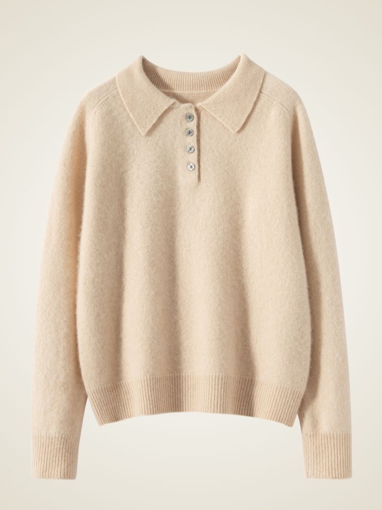 LanlyCashmere Women’s Collared Cashmere Sweater – Button Knit Pullover