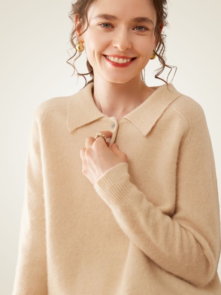 LanlyCashmere Women’s Collared Cashmere Sweater – Button Knit Pullover