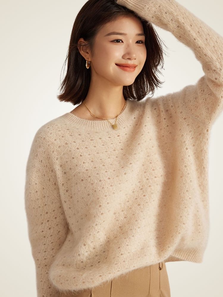 LanlyCashmere Women’s Hollow Knit Cashmere Sweater – Relaxed Fit Openwork Pullover