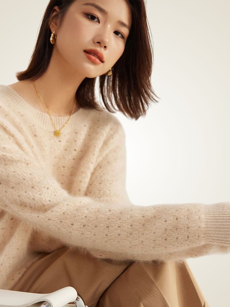 LanlyCashmere Women’s Hollow Knit Cashmere Sweater – Relaxed Fit Openwork Pullover