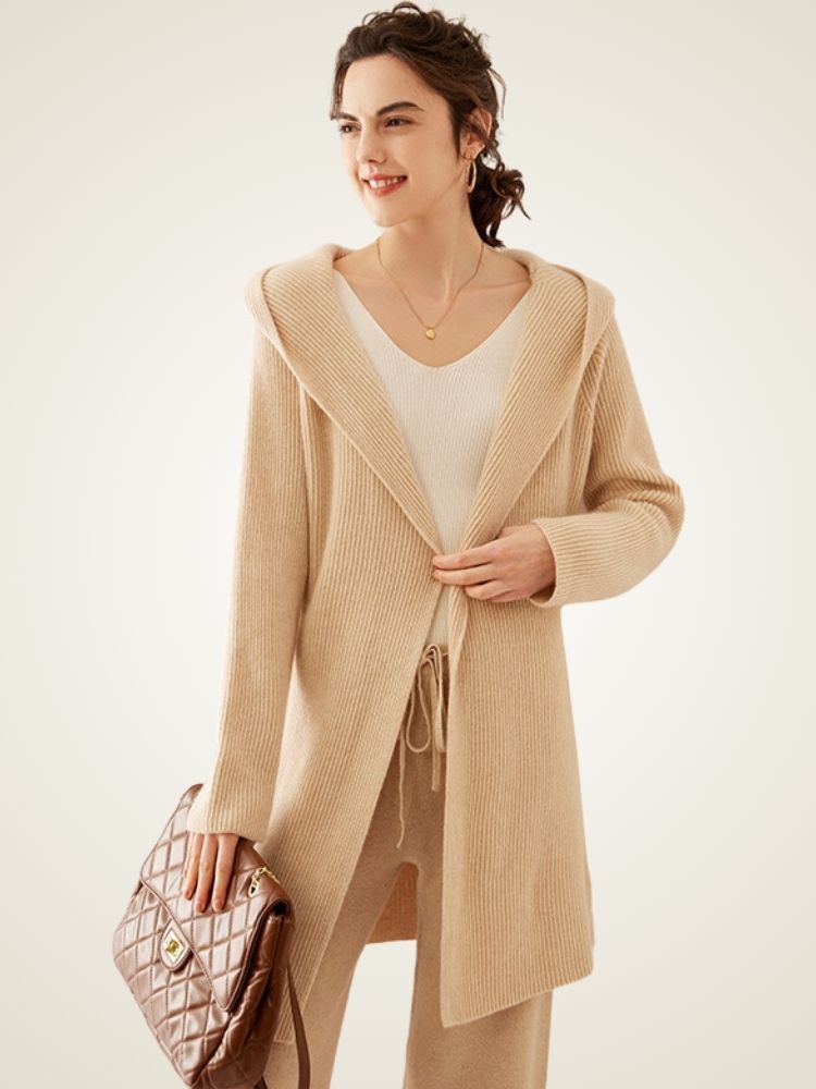 LanlyCashmere Women’s Hooded Wool Cashmere Cardigan Coat – Longline Knit Sweater